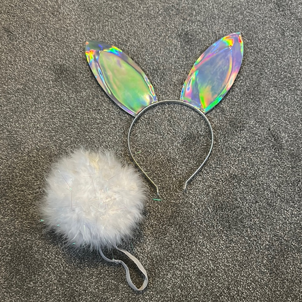 Holographic Bunny Ears Headband with Fluffy Tail